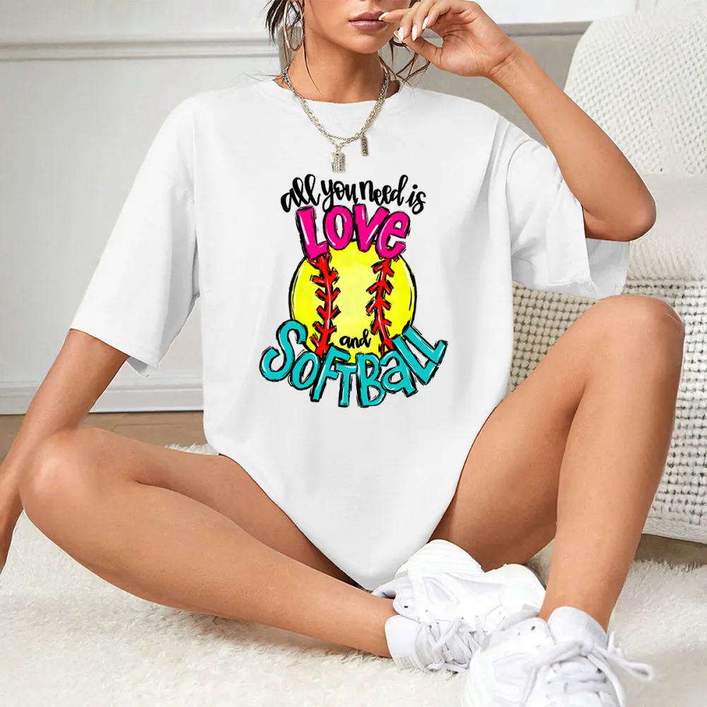 All You Need Is Love And Softball Printed Round Neck Short Sleeve T-Shirt