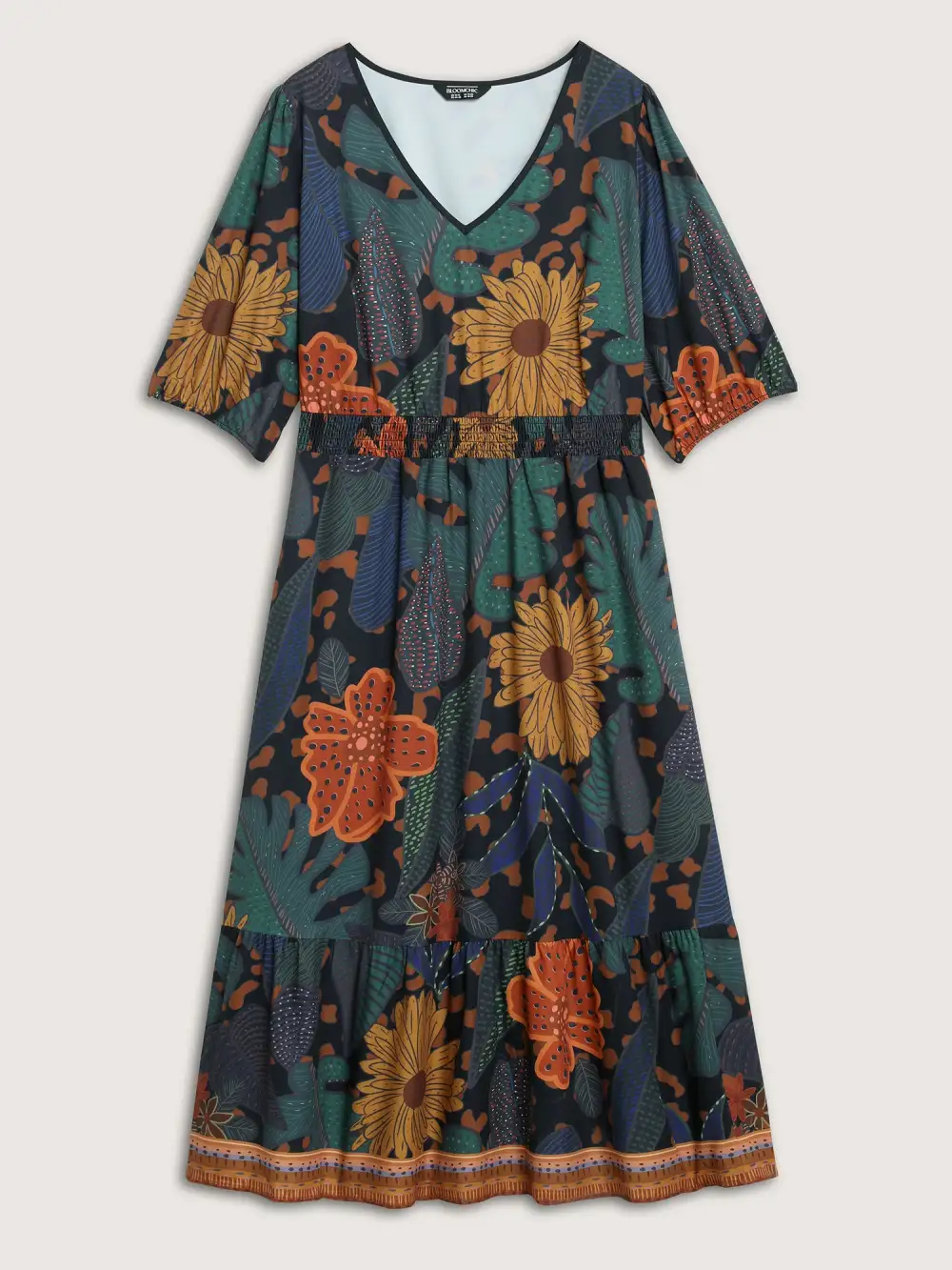 Floral Shirred Lantern Sleeve Midi Dress