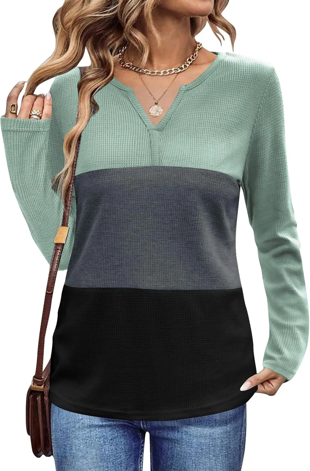 Women's Waffle Shirts V Neck Long Sleeve Tops Color Block T-Shirts Casual Tunics 2024 Fashion Basic Tees