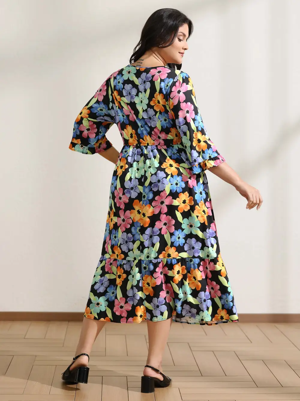 Floral Print Ruffled Drawstring Pockets Midi Dress