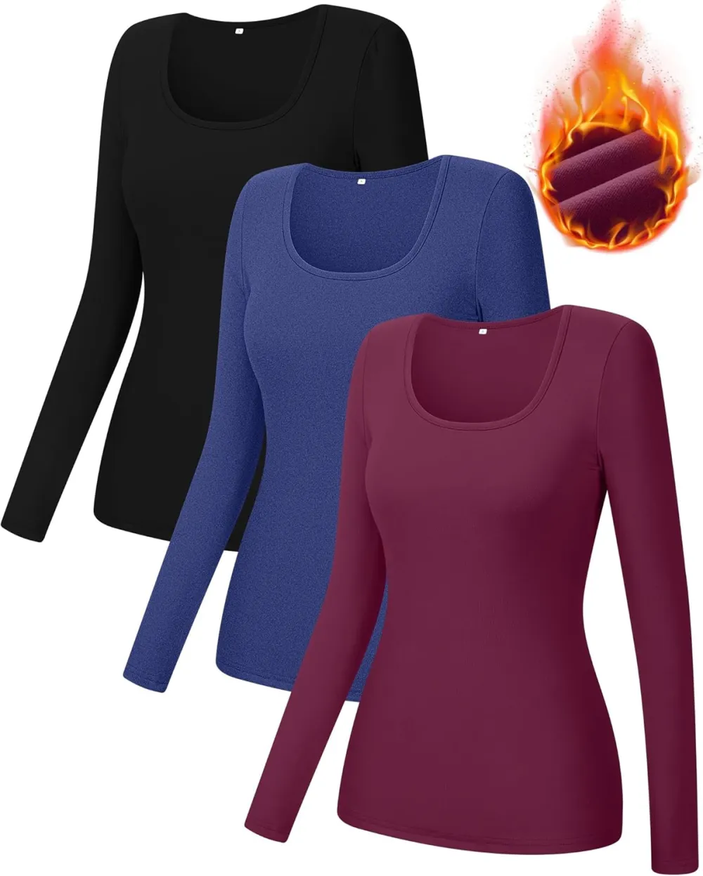 3 Pack Women's Thermal Long Sleeve Shirts Fleece Lined Scoop Neck Stretch Fitted Tops Winter Base Layer Underwear