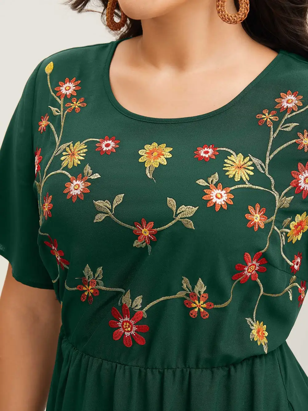 Floral Embroidered Waist-Cinched Midi Dress