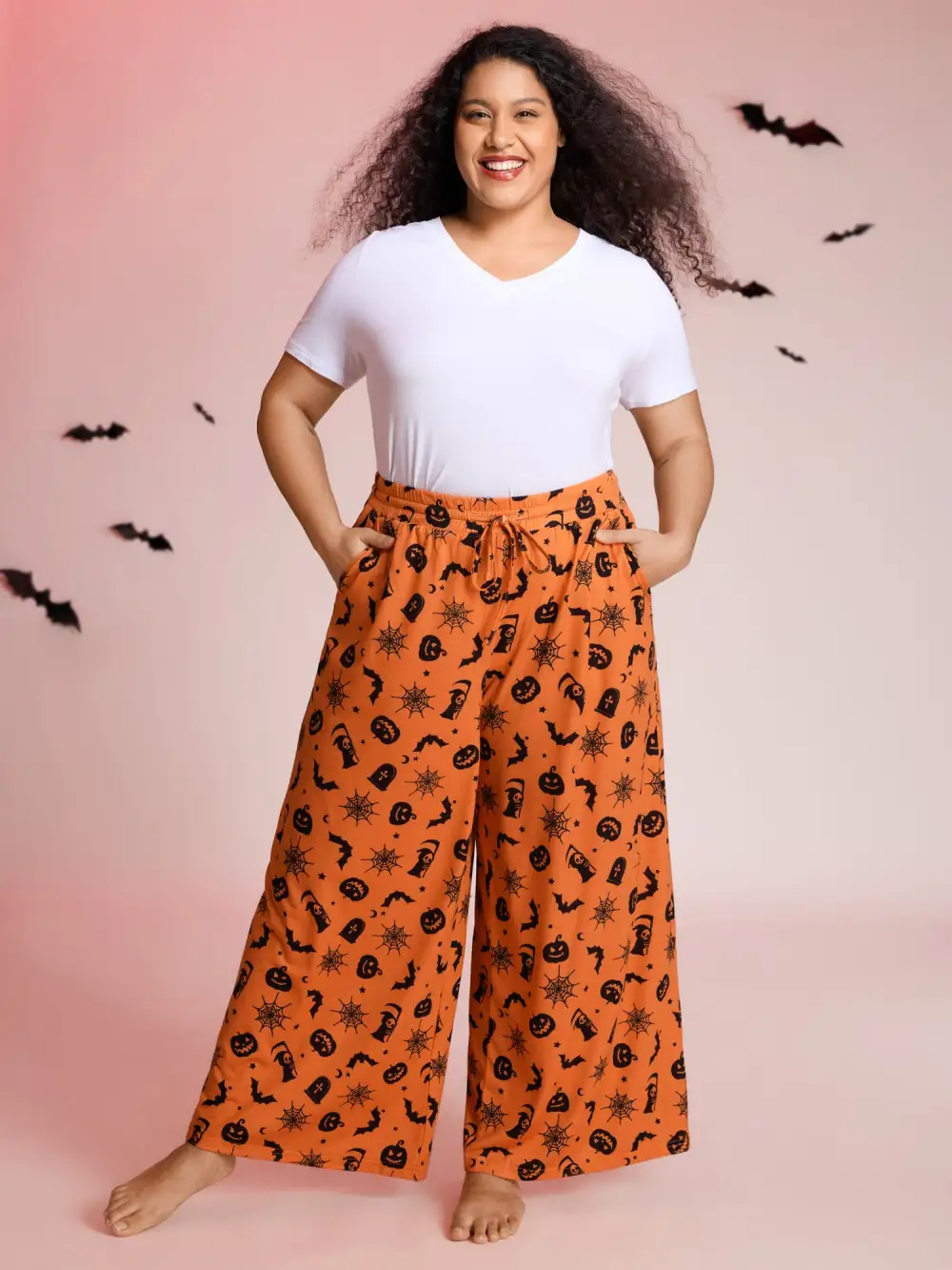 Pumpkin Patch Print Wide-Leg Lounge Bottoms