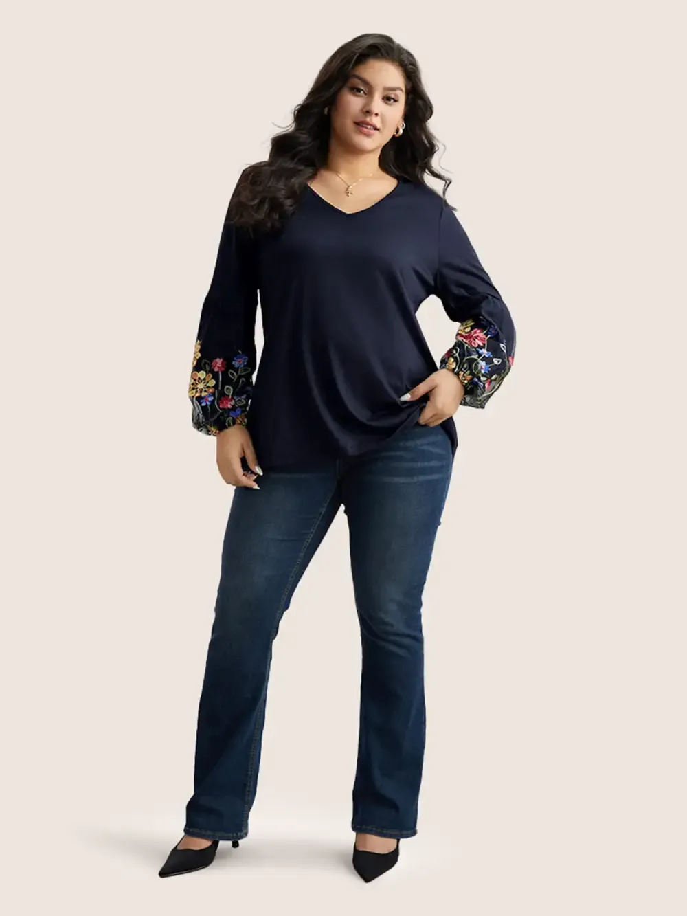 Floral Embroidered Lantern Sleeve T-Shirt