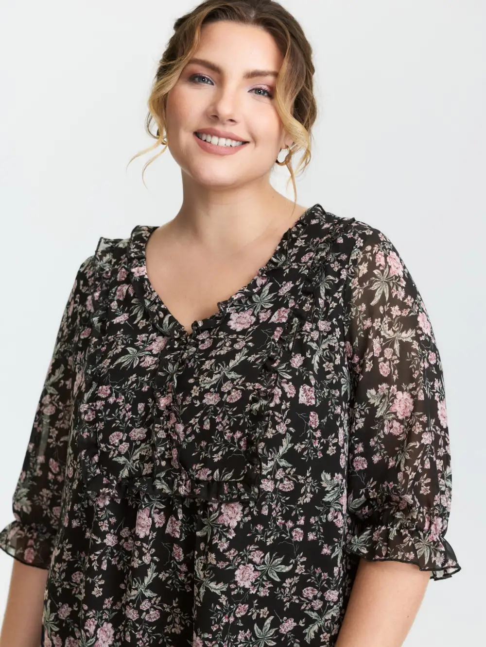 Chiffon Floral Print Ruffled Neck Flowy Shirt