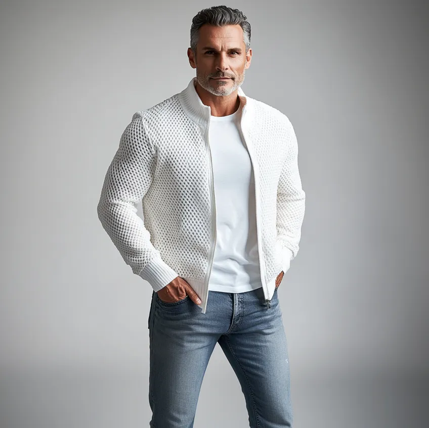 Men's Stand Collar Long Sleeve Hollow Out Knitted Zip Up Jacket