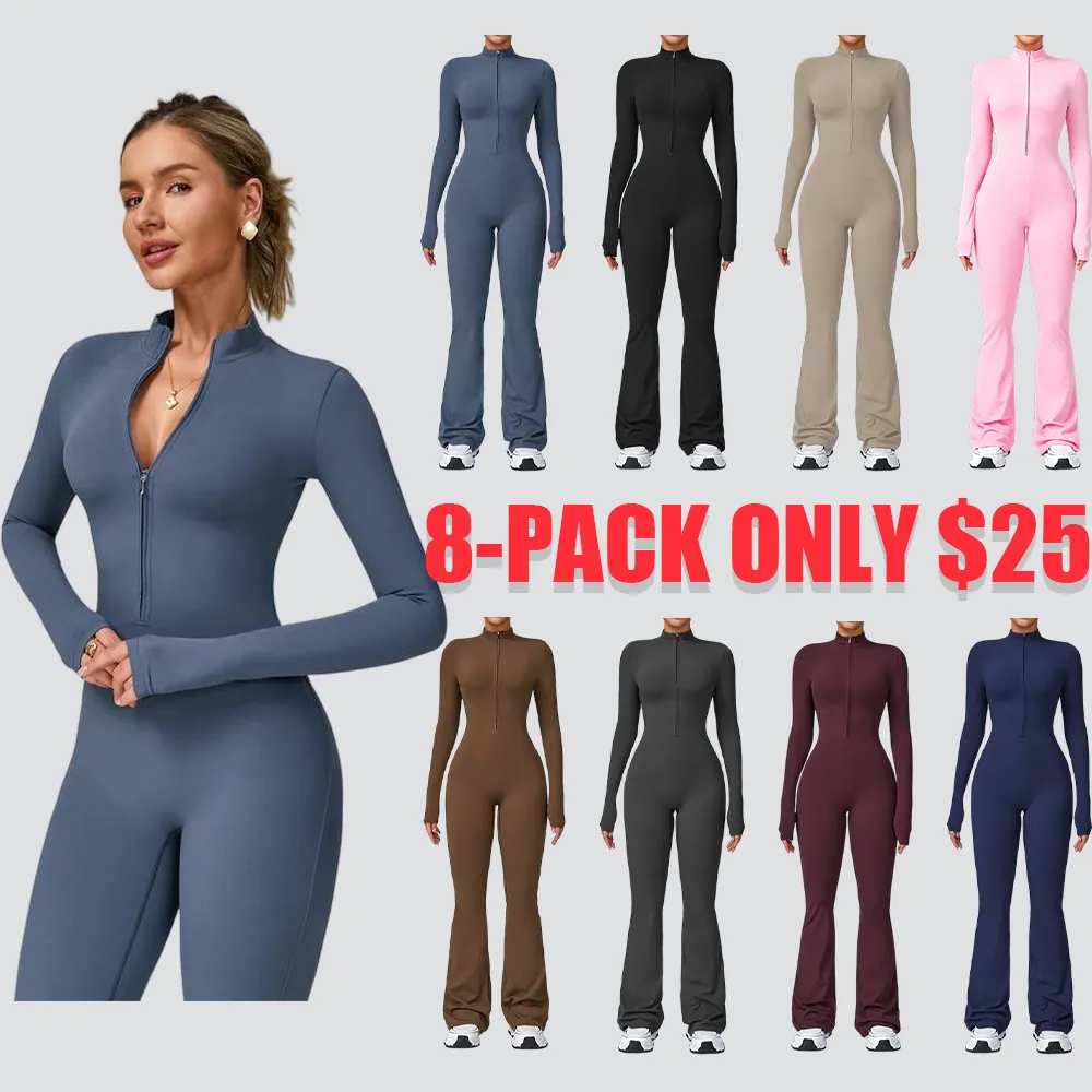 Women's Long Sleeve Flared Jumpsuit – Zipper Wide Leg Activewear for Gym & Casual Wear