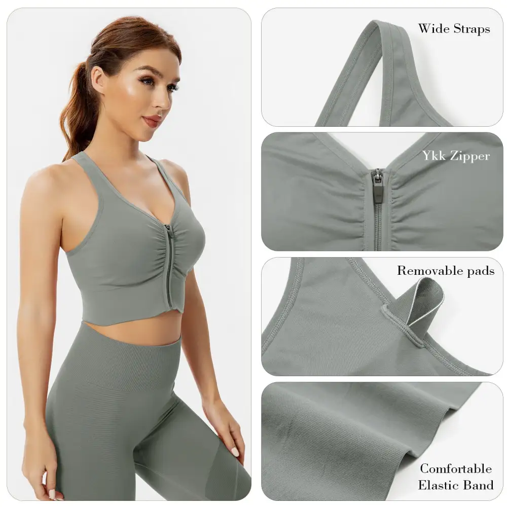 Women's Zip Front Sports Bra Padded Low Impact Wirefree Yoga Bras X Back Comfortabe Bra Workout Tank Tops