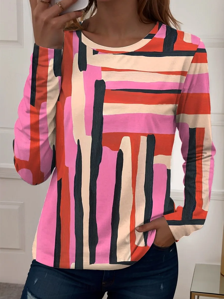 Women's T shirt Long Sleeve Crew Neck Long Sleeve Tunic Graphic Geometric Vintage Casual Regular Tops Daily Print Pink Blue Purple Green Spring Fall Prefall