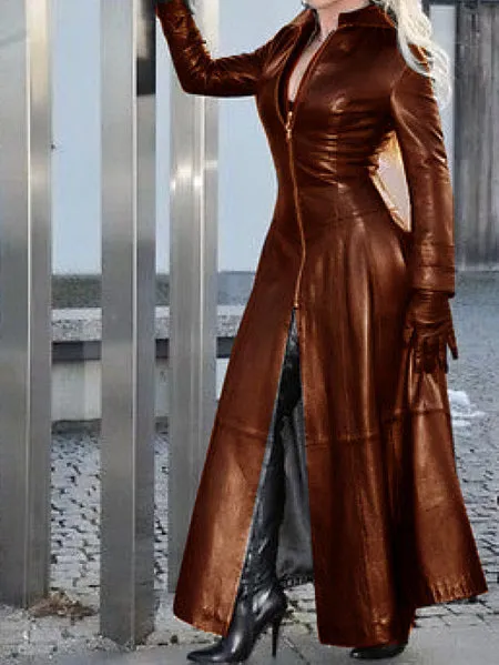 PU Leather Zipper Design Long Sleeve Coat