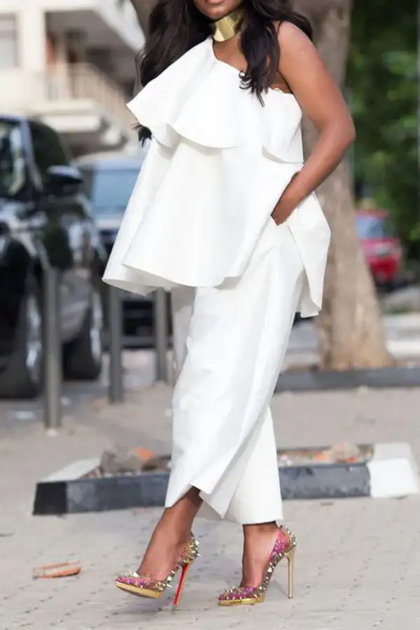 White Whimsical Tiered Ruffle Pant Set
