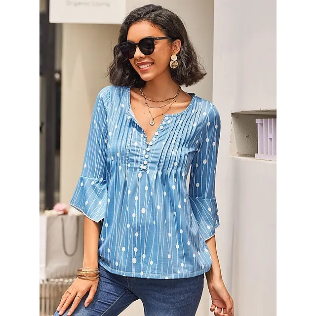 Women's Plus Size Shirt Tunic Henley Shirt Tunic Shirts Polka Dot Striped Print Flowing tunic Casual Daily Elegant Boho Long Sleeve V Neck Red Spring Fall
