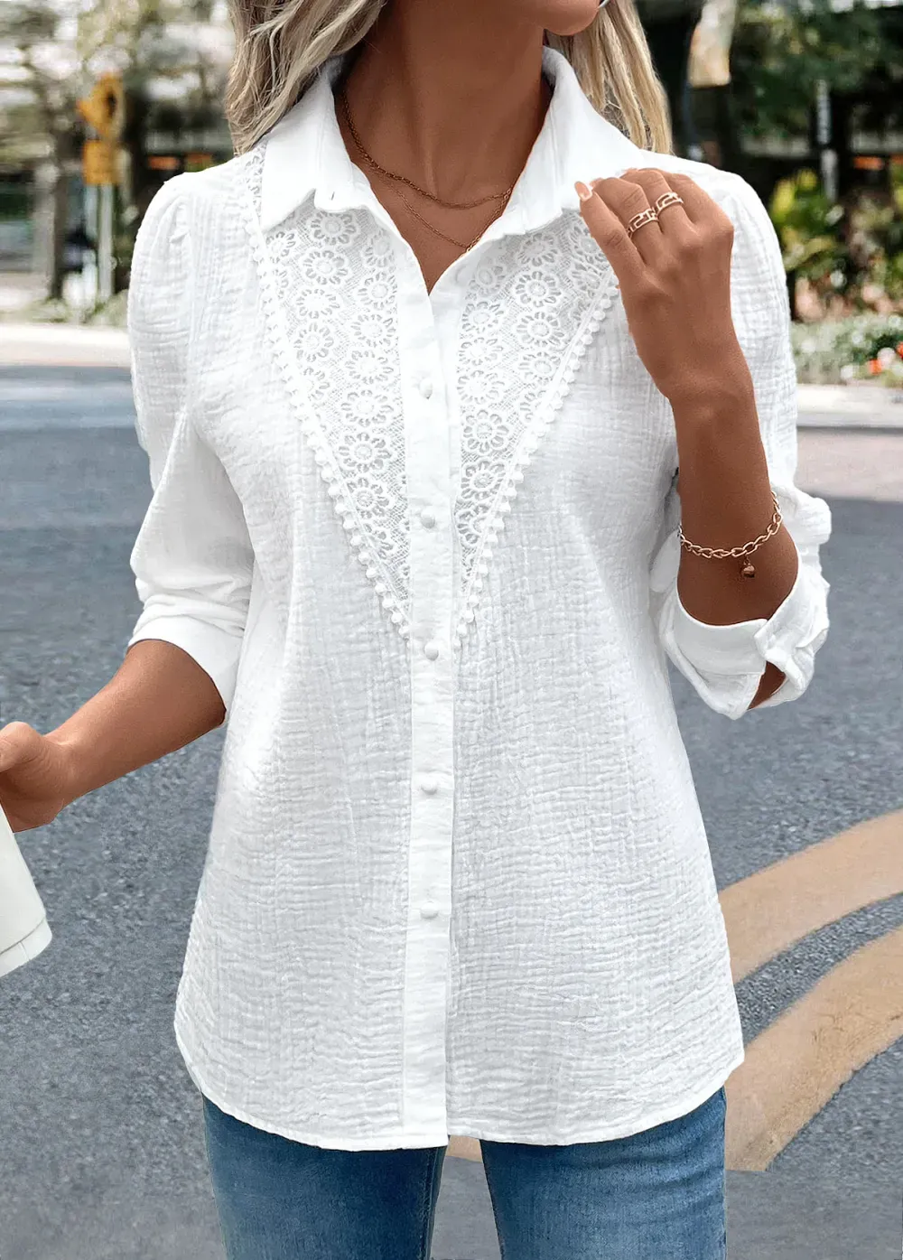 White Embroidery Long Sleeve Tunic Shirt
