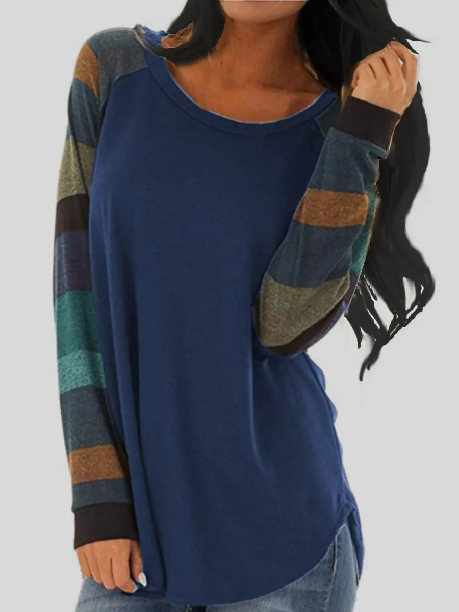 Round Neck  Patchwork  Stripes Long Sleeve T-Shirts