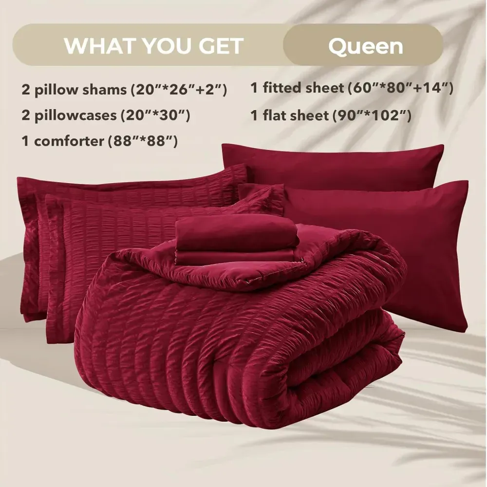 Queen Comforter Set Seersucker 7 Pieces, All Season Luxury Bed in a Bag for Bedroom, Bedding Set with Comforters, Sheets, Pillowcases & Shams, Dark Grey