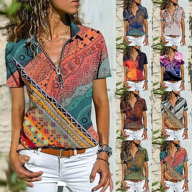 Women‘s Blouse T shirt Zipper Print Multi Color Tropical Shirt Collar T-shirt Sleeve Regular Spring &  Fall Pattern 5 Pattern 7 Pattern 8