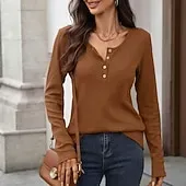 Women's Texture Blouse T Shirt Plain Casual Long Sleeve V Neck Regular Tops Daily Going out Buttons Black Dusty Blue Fuchsia Brown Beige Fall