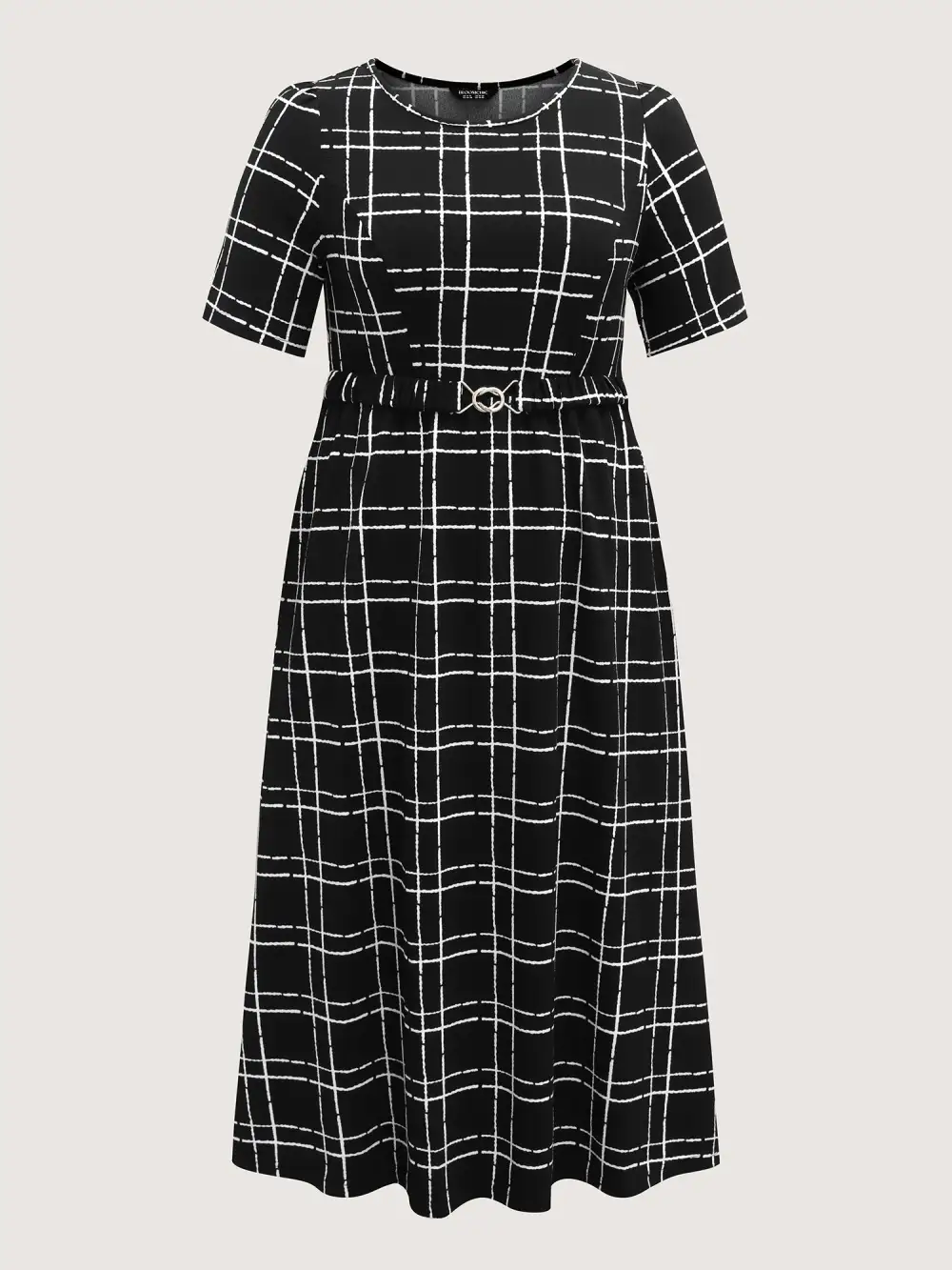 Grid Print Knit Belted Maxi Dress