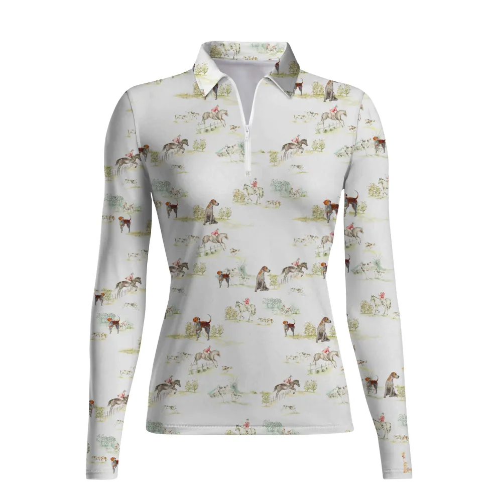 Women's Riding Style horse and hound Print Long Sleeve Casual Lapel Shirt
