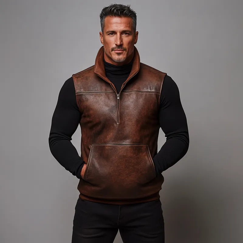 Men's PU Leather High Neck Half Zip Pocket Vest