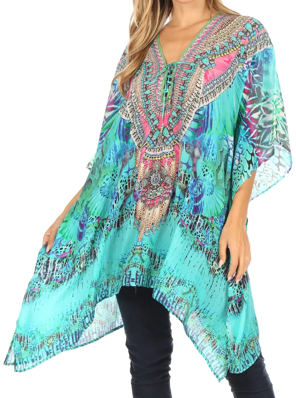 Women's Caftan Poncho Cover up V neck Top Lace up With Rhinestone