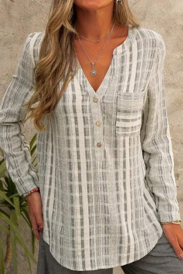 Casual Striped Pocket Design Button Detailed Blouse