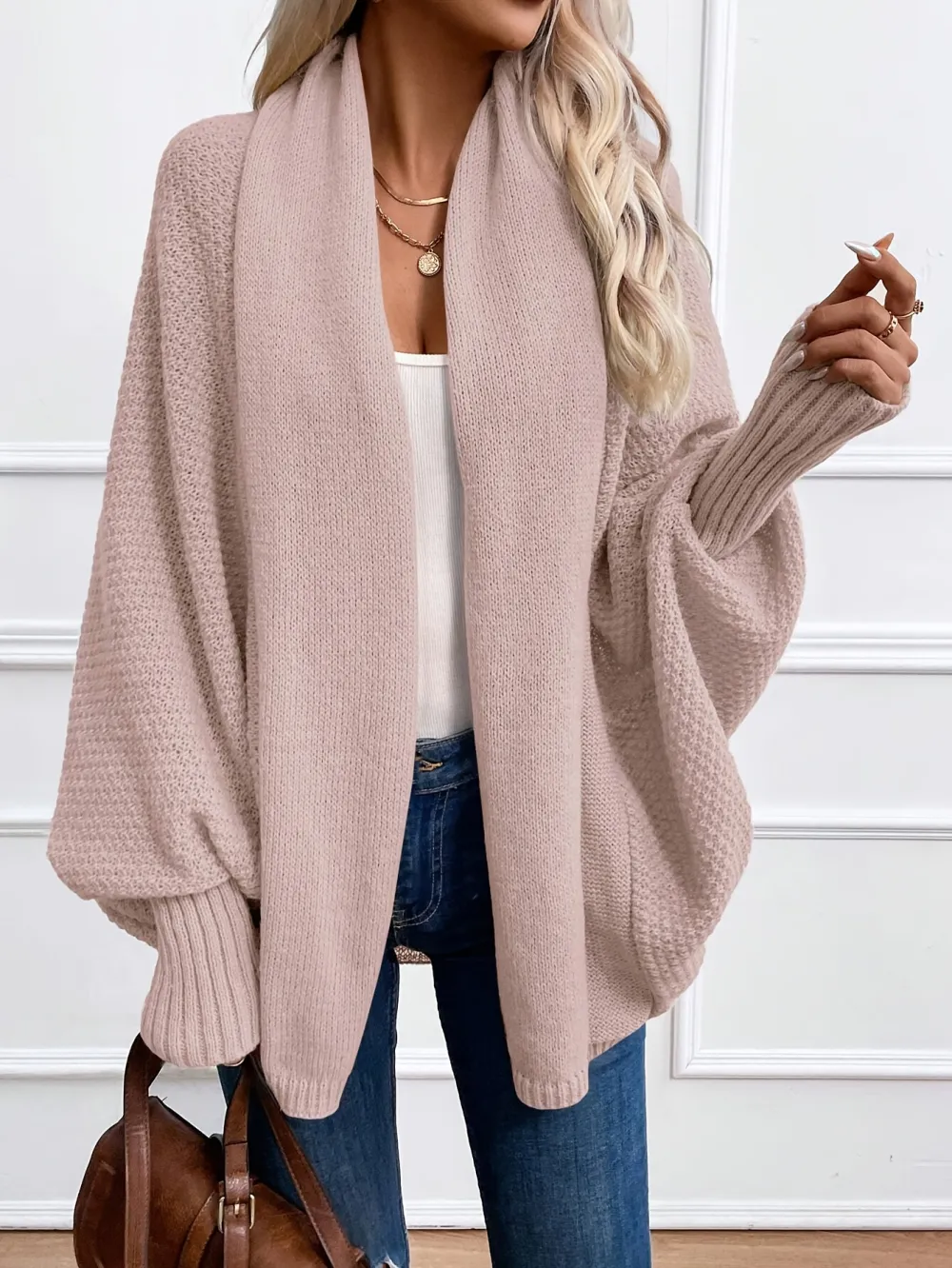 Cozy Solid Color Batwing Sleeve Cardigan - Women's Elegant Knitted Cardigan for Spring & Fall