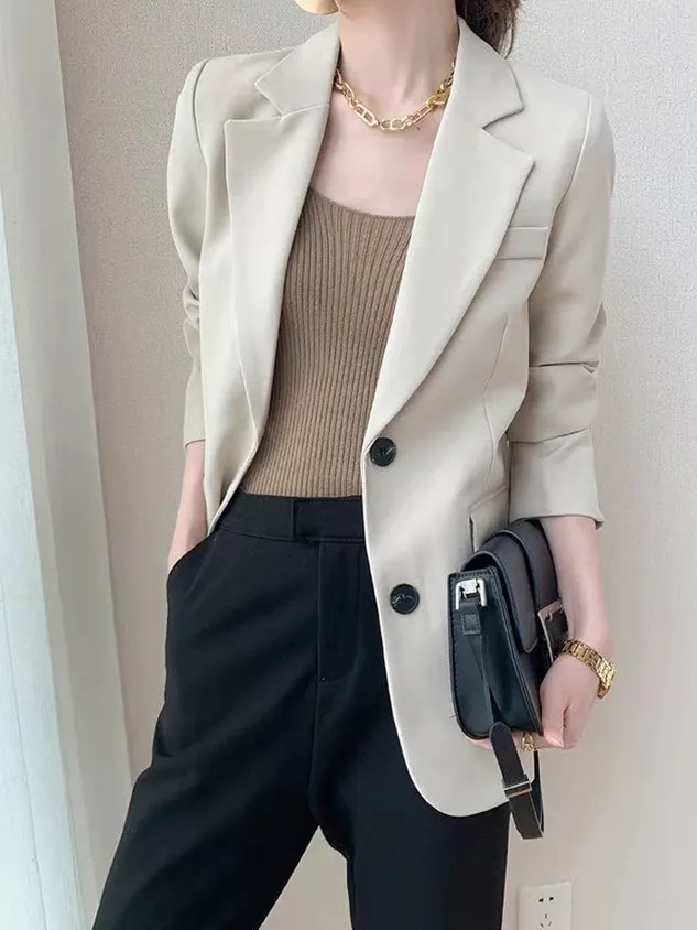 Lapel Collar Long Sleeve Plain Buckle Regular Loose Blazer For Women