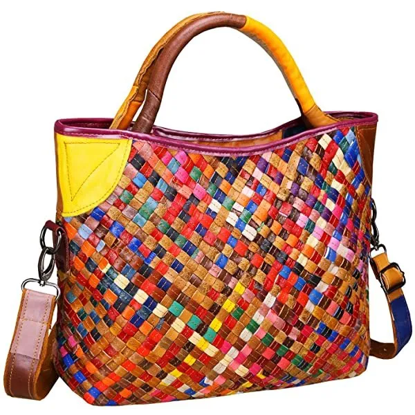 Heshe Womens Multi color Leather Shoulder Bag Hobo Tote Handbag Cross Body Purse Colorful