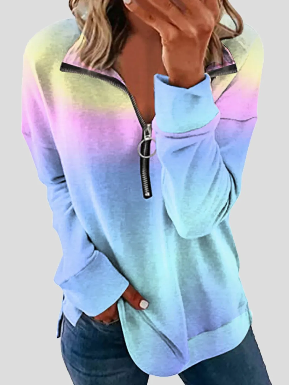 Women's T-Shirts Zip Lapel Printed Long Sleeve T-Shirts（⚡Clearance Sale）