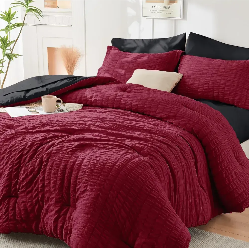 Queen Comforter Set Seersucker 7 Pieces, All Season Luxury Bed in a Bag for Bedroom, Bedding Set with Comforters, Sheets, Pillowcases & Shams, Dark Grey