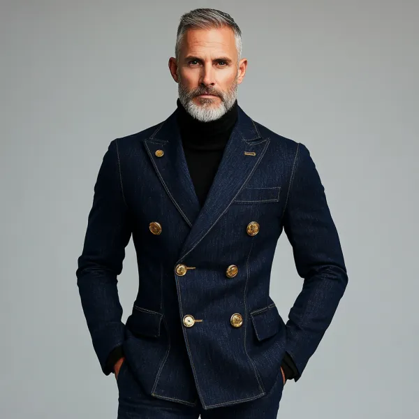 Men's Business Peak Lapel Double Breasted Flap Pocket Denim Blazer