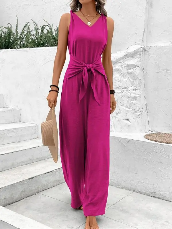 Women's Tie Shoulder V-Neck Jumpsuit – Sleeveless Casual Summer Romper, Solid Color One-Piece Outfit