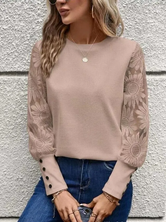 Women's Blouse Dressy Tops Lace Button Daily Elegant Long Sleeve Crew Neck Pink Summer