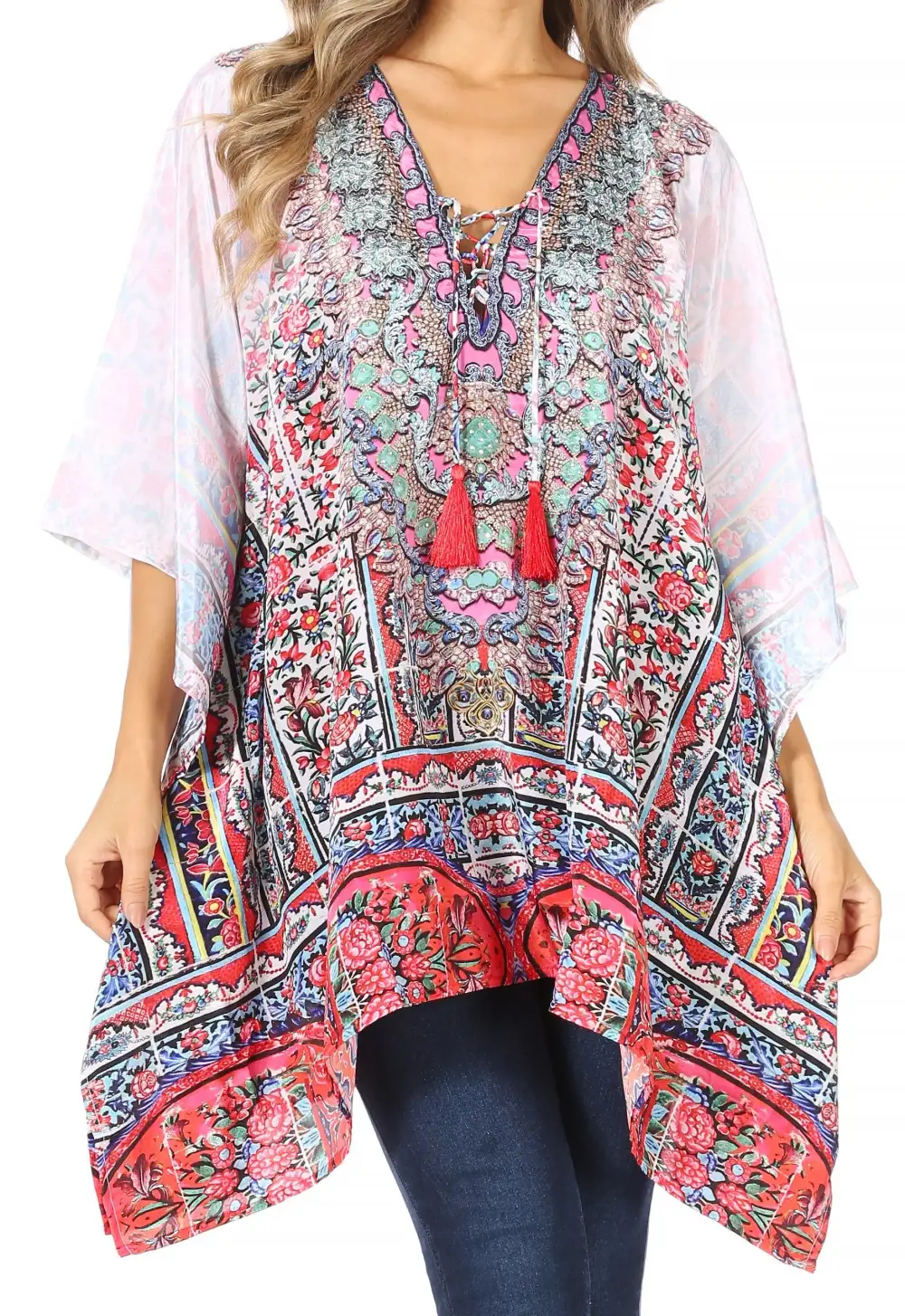 Women's Caftan Poncho Cover up V neck Top Lace up With Rhinestone