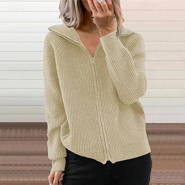 Women's Cardigan Fashion Solid Color Ribbed Shirt Collar Zipper Knitted Long Sleeve Regular Tops Knit Outdoor Daily Holiday Black Green Fall