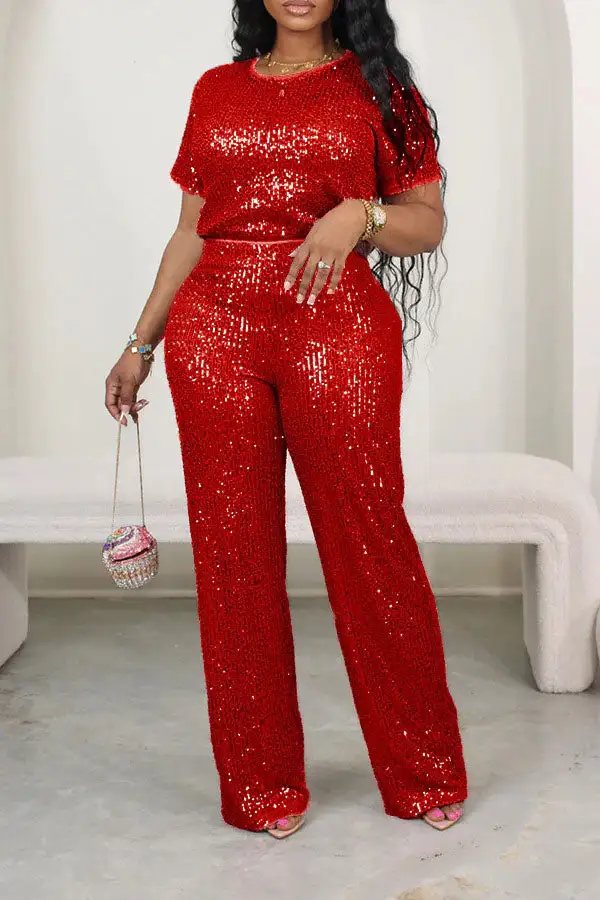 Sequin Short Sleeve Pant Set