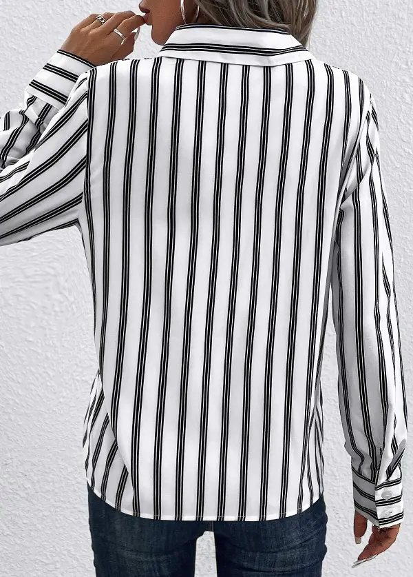 White Pocket Striped Long Sleeve Shirt Collar Blouse