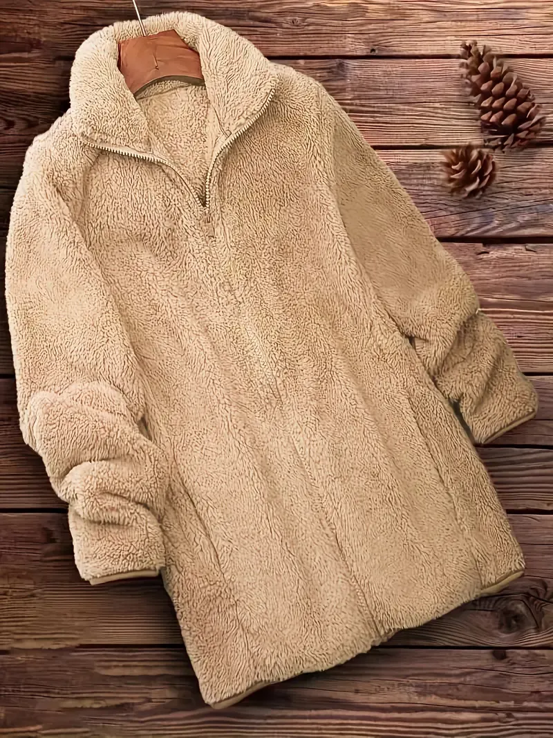Zip Up Solid Teddy Coat, Casual Long Sleeve Winter Outerwear