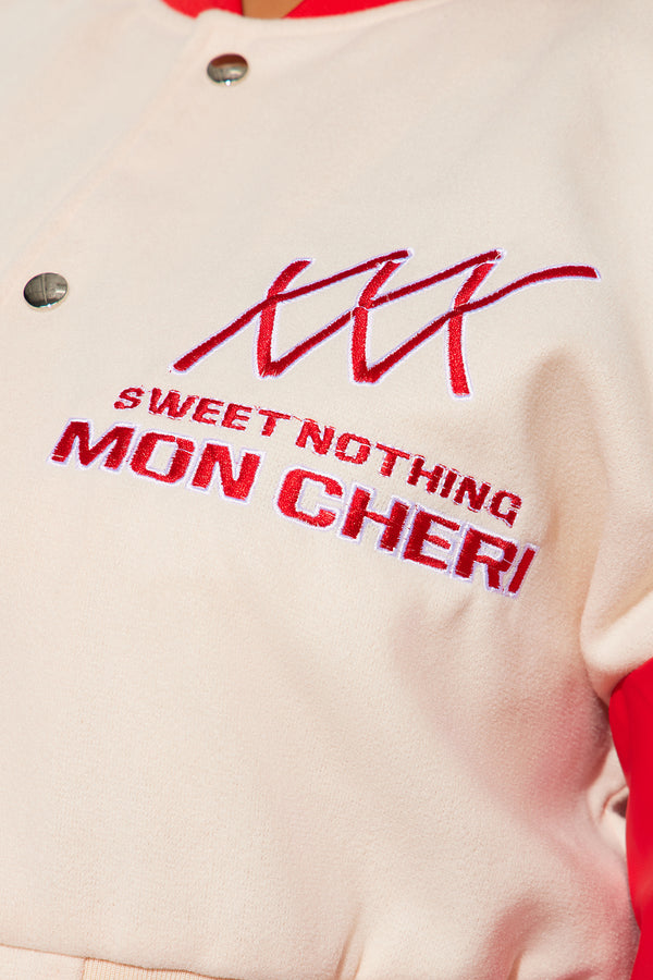 Mon Cheri Cropped Varsity Jacket - Taupe/combo