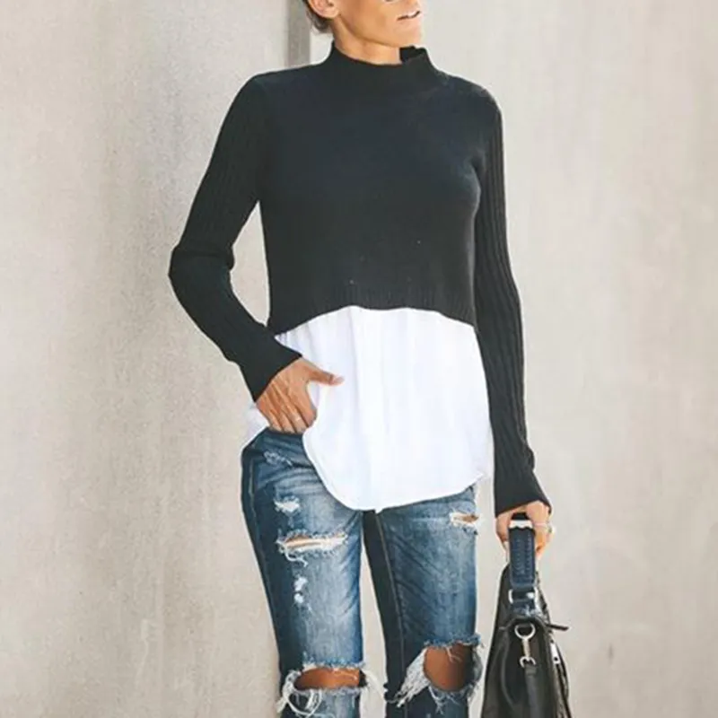 Commuting Solid Color Fake Two Pieces Pullover Jumper