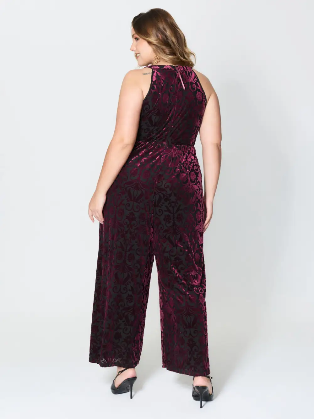 Velvet Laser Cut Lined Wide-Leg Jumpsuit