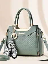 Women's Green Quilted Handbag with Gold Handle, Leopard Print Scarf Accent, and Crossbody Strap for Casual and Office Use
