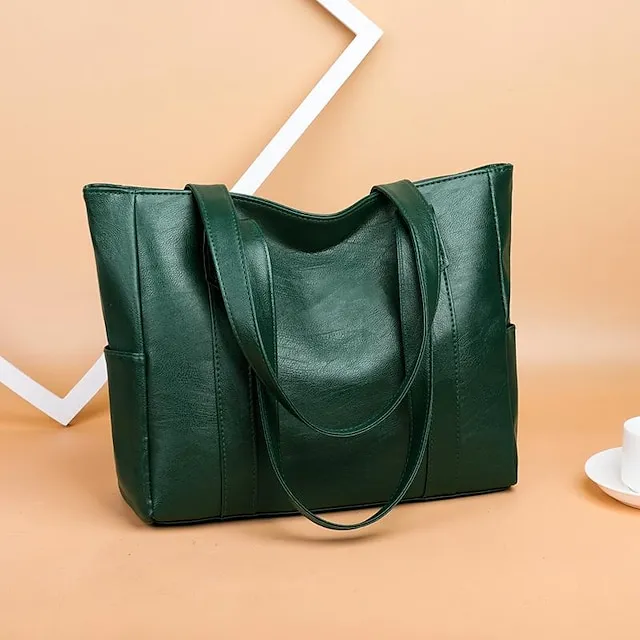 Women's Handbag Tote Shoulder Bag PU Leather Office Shopping Daily Zipper Solid Color Black Red Purple