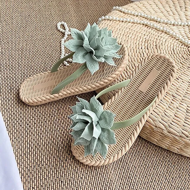 Women's Slippers Boho Bohemia Beach Outdoor Slippers Beach Slippers Outdoor Beach Solid Color Flower Flat Heel Elegant Casual PVC Loafer Black Pink Green