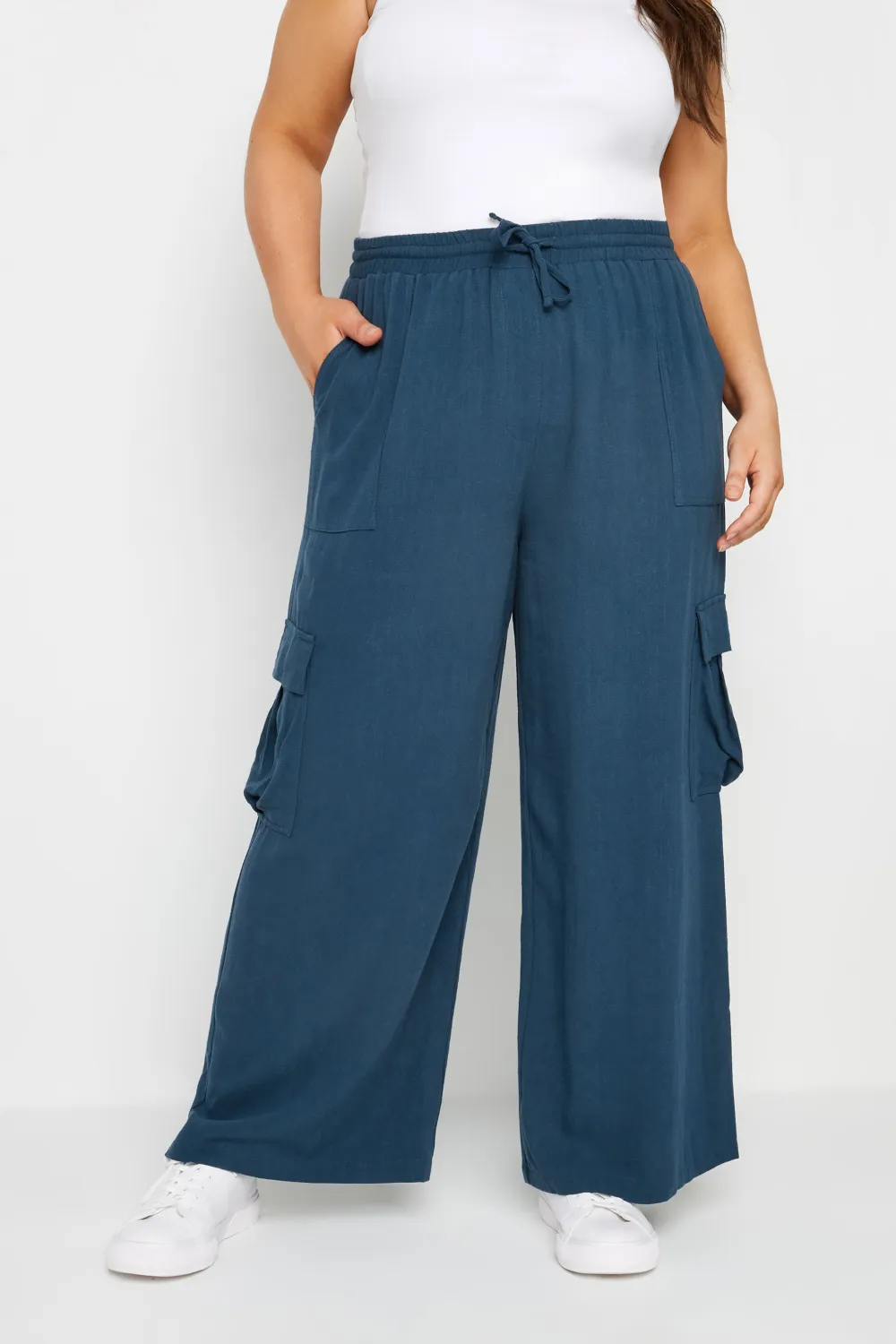 YOURS Curve Khaki Green Linen Look Cargo Trousers