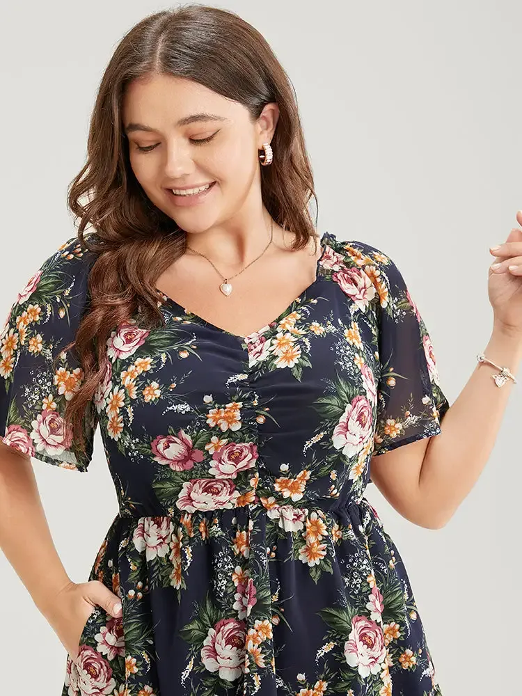 Floral Print Ruched Pocket Frill Trim Ruffle Arc Hem Dress