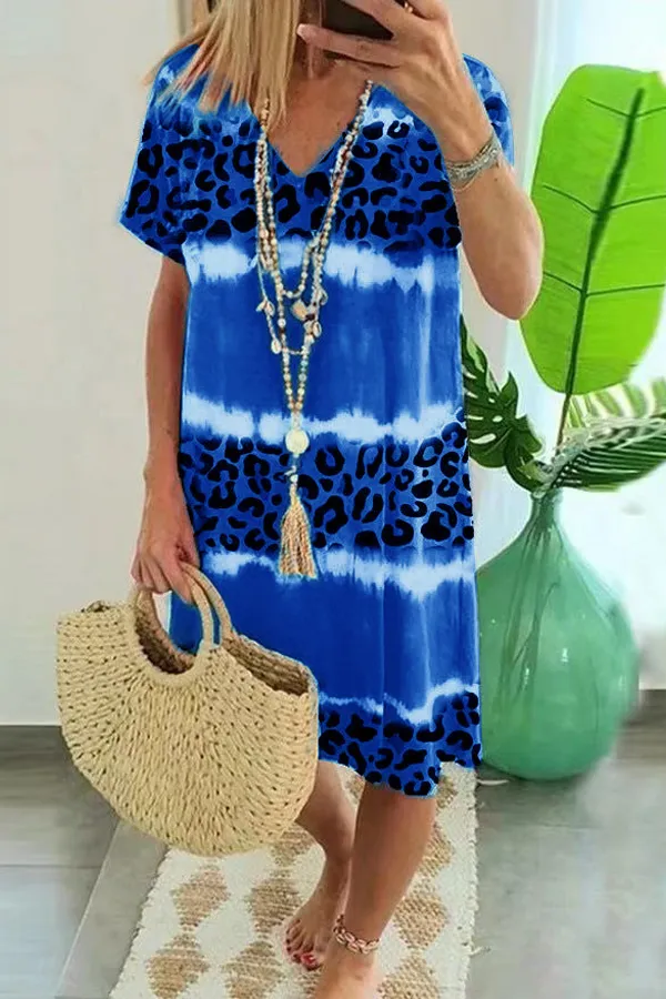 Colorblock Leopard Print V-Neck Dress