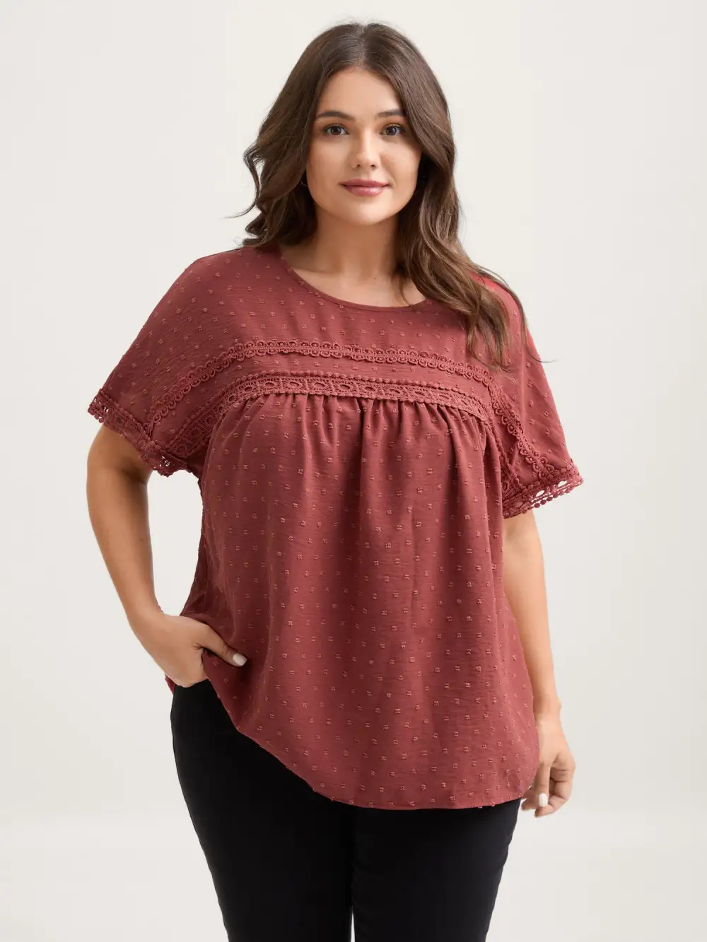 Textured Lace Trim Solid Blouse