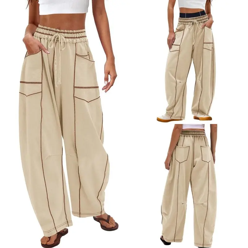 Womens Baggy Barrel Pants Wide Leg Lounge Drawstring Sweatpants with Pockets
